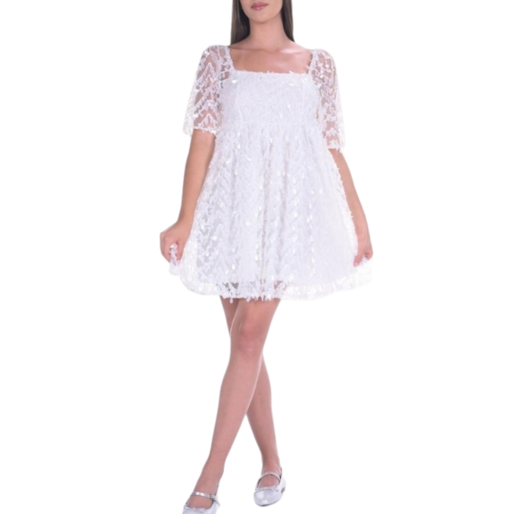 SM NWT Babydoll Dress Mesh with Petal shaped sequins Puff Sleeves